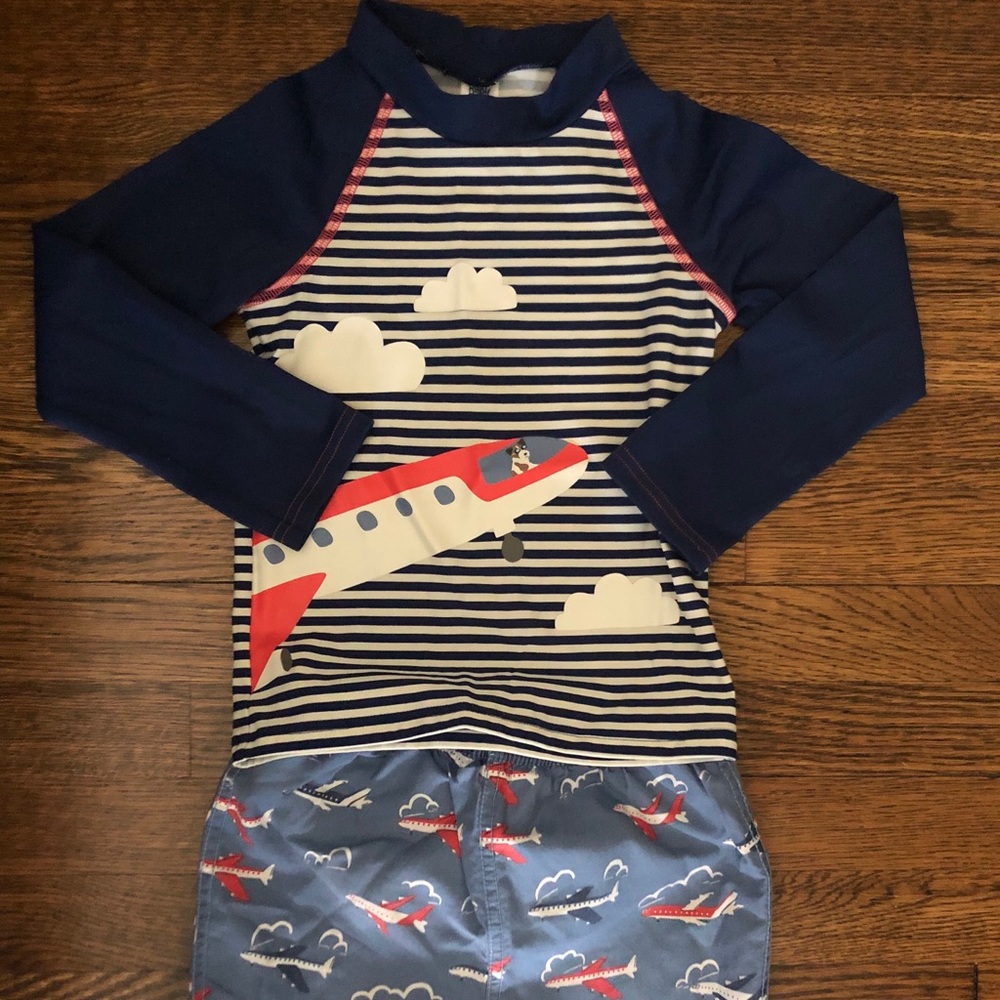 Mini boden swim trunks and rash guard